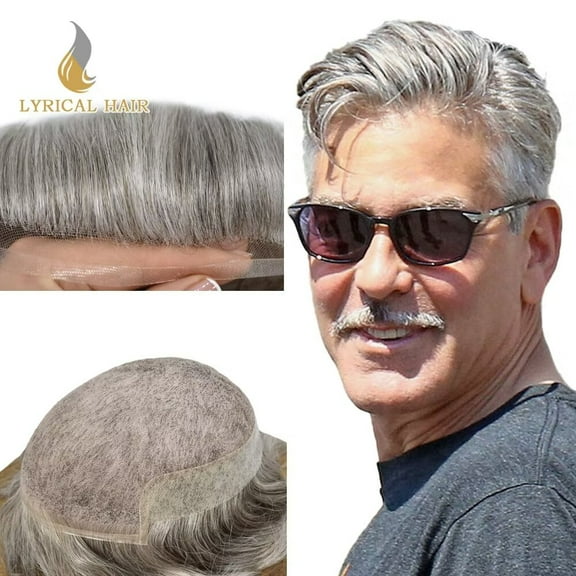 Lyricalhair French Lace Toupee for Men Hairpieces Mens Toupee Human Hair Replacement System Bleached Knots Lace with Poly Hair Wig Units 7"X9" #60RY