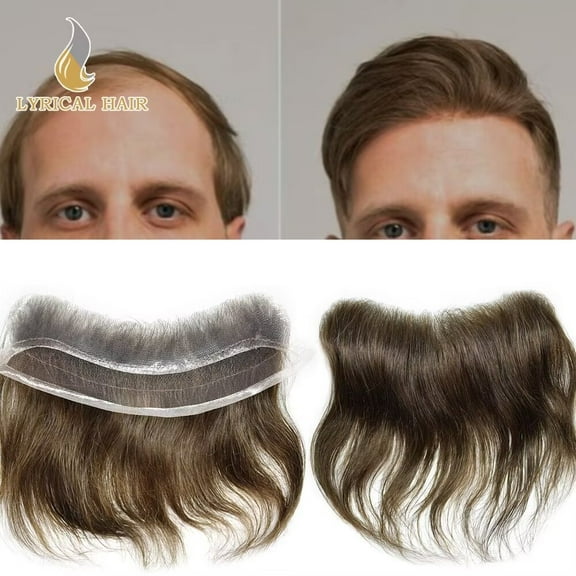Lyricalhair Mens Frontal Hairpiece Human Hair Mens Toupee for receding Thin PU with Lace Poly Hairpiece Bleached Frontal Natural Hairline 4X18CM 7# VERY LIGHT BROWN