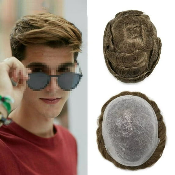 Lyricalhair Toupee For Men 0.04mm Ultra Thin Skin Mens Toupee Human Hair Replacement System Invisible PU V-Looped Men Hair Units Black Brown Blonde Gray Hairpiece #1820 Medium Blonde with 20% Gray