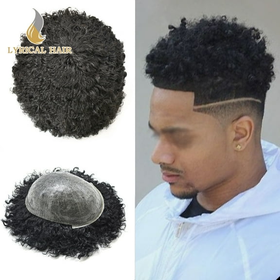 Lyricalhair Toupee for Men 10MM Kinky Curly Hairpieces for Man Brazilian Human Hair Replacement System Full PU Hair Units for African American Mens Wig Male Hair Prosthesis #1 Jet Black