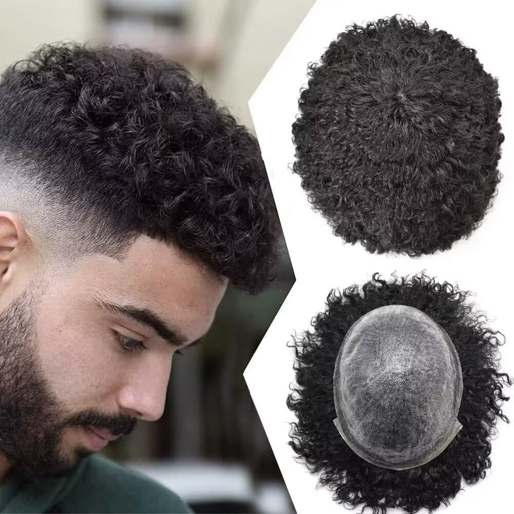 Lyricalhair Toupee for Men 12MM Kinky Curly Hairpieces for Man Brazilian Human Hair Replacement System Thin PU Hair Units for African American Mens Wig Male Hair Prosthesis #1 Jet Black