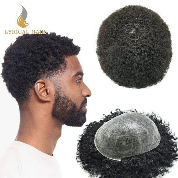 Lyricalhair Toupee for Men 6MM Kinky Curly Hairpieces for Man Brazilian Human Hair Replacement System Full PU Hair Units for African American Mens Wig Male Hair Prosthesis #1 Jet Black