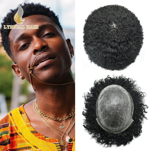 Lyricalhair Toupee for Men 8MM Kinky Curly Hairpieces for Man Brazilian Human Hair Replacement System Full PU Hair Units for African American Mens Wig Male Hair Prosthesis #1 Jet Black
