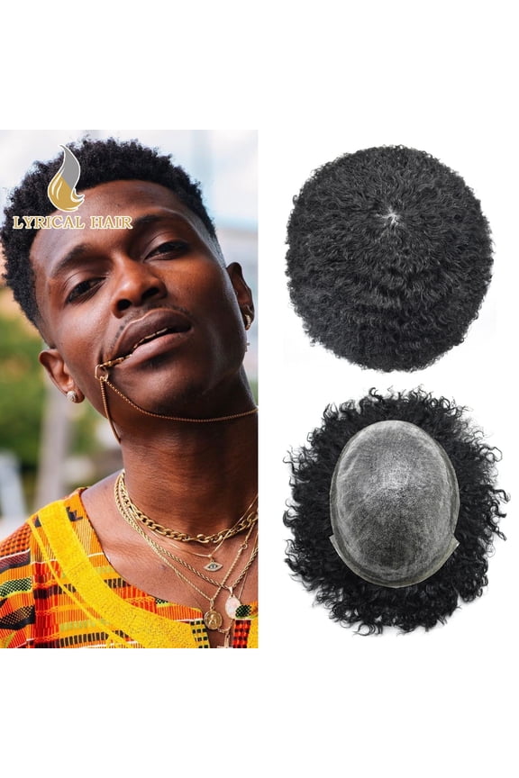 Lyricalhair Toupee for Men 8MM Kinky Curly Hairpieces for Man Brazilian Human Hair Replacement System Full PU Hair Units for African American Mens Wig Male Hair Prosthesis #1 Jet Black