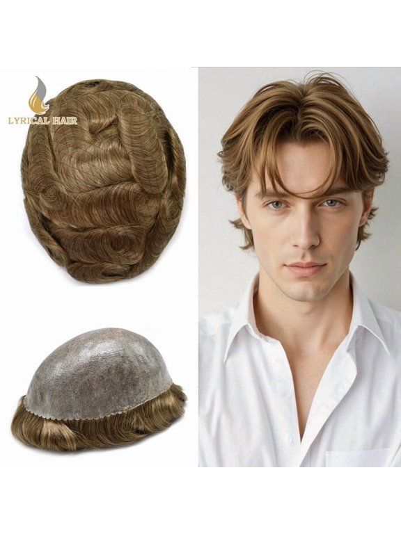 Lyricalhair Toupee for Men Durable Full PU Mens Toupee Human Hair Replacement System Black Brown Blonde Gray Hairpiece #1710 Dark Ash Blonde with 10% Gray
