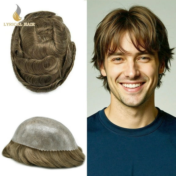 Lyricalhair Toupee for Men Durable Full PU Mens Toupee Human Hair Replacement System Black Brown Blonde Gray Hairpiece #1830 Medium Blonde with 20% Gray