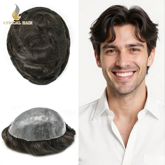 Lyricalhair Toupee for Men Durable Full PU Mens Toupee Human Hair Replacement System Black Brown Blonde Gray Hairpiece #210 Darkest Brown with 10% Gray