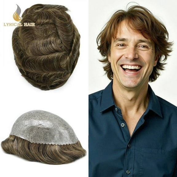 Lyricalhair Toupee for Men Durable Full PU Mens Toupee Human Hair Replacement System Black Brown Blonde Gray Hairpiece #420 Medium Brown with 20% Gray