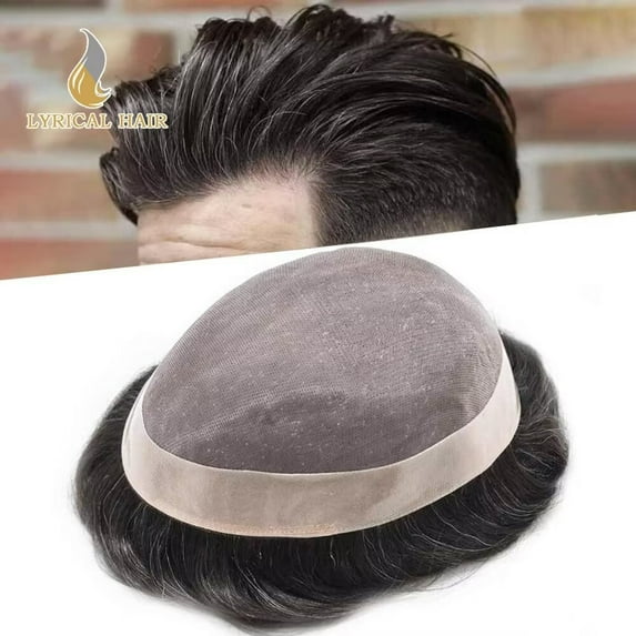 Lyricalhair Toupee for Men Fine Mono Mens Toupee Hairpieces Human Hair Replacement Systems Poly Coating around Man Hair Units 6"X9" #210 2# DARKEST BROWN WITH 10% SYNTHETIC GREY