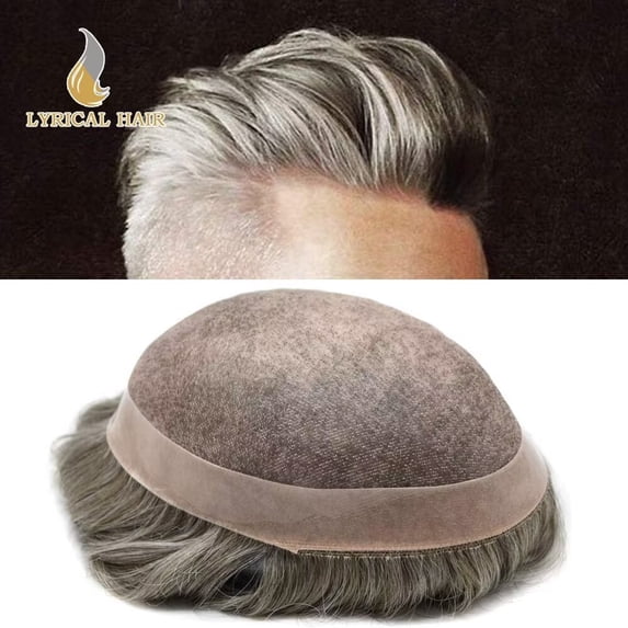 Lyricalhair Toupee for Men Fine Mono Mens Toupee Hairpieces Human Hair Replacement Systems Poly Coating around Man Hair Units 6"X8" #540 5# MEDIUM LIGHT BROWN WITH 40% SYNTHETIC GREY