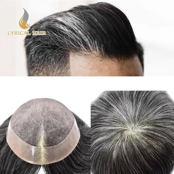 Lyricalhair Toupee for Men Fine Mono Mens Toupee Hairpieces Human Hair Replacement Systems Poly Coating around Man Hair Units 7X10 #1B30 1B# OFF BLACK WITH 30% SYNTHETIC GREY