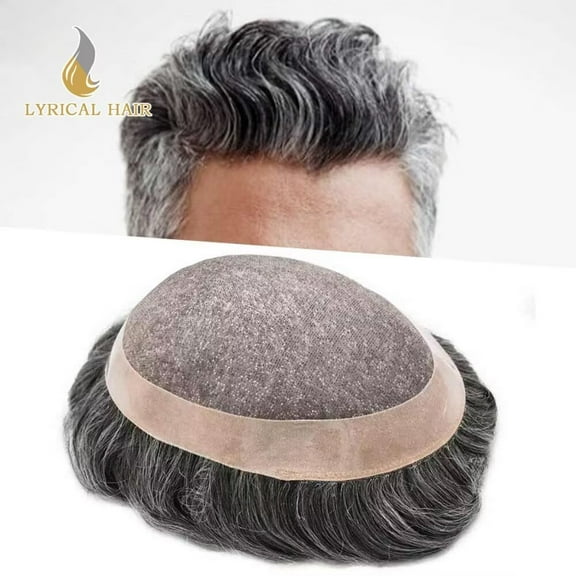 Lyricalhair Toupee for Men Fine Mono Mens Toupee Hairpieces Human Hair Replacement Systems Poly Coating around Man Hair Units 7X10 #1B65 1B# OFF BLACK WITH 65% SYNTHETIC GREY