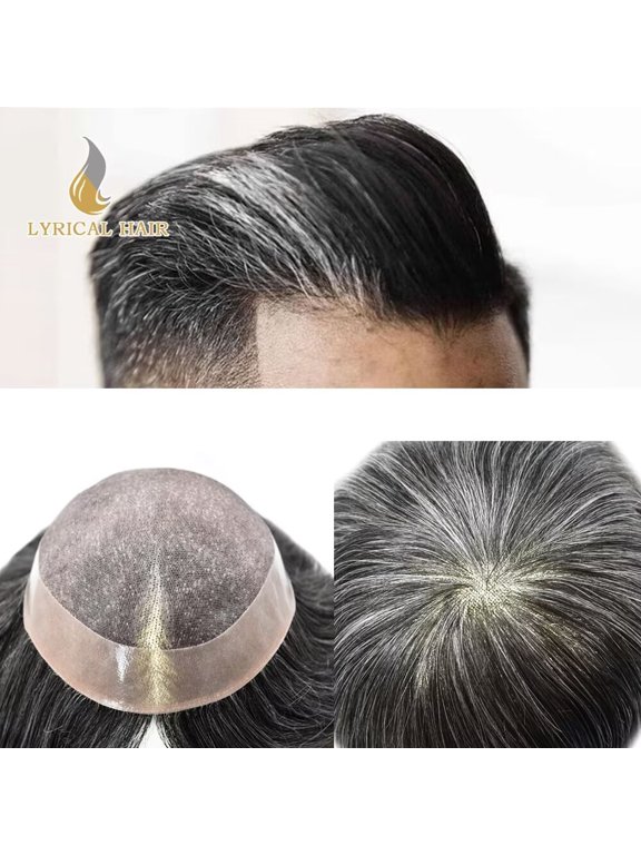 Lyricalhair Toupee for Men Fine Mono Mens Toupee Hairpieces Human Hair Replacement Systems Poly Coating around Man Hair Units 8"X10" #1B50 1B# OFF BLACK WITH 50% SYNTHETIC GREY
