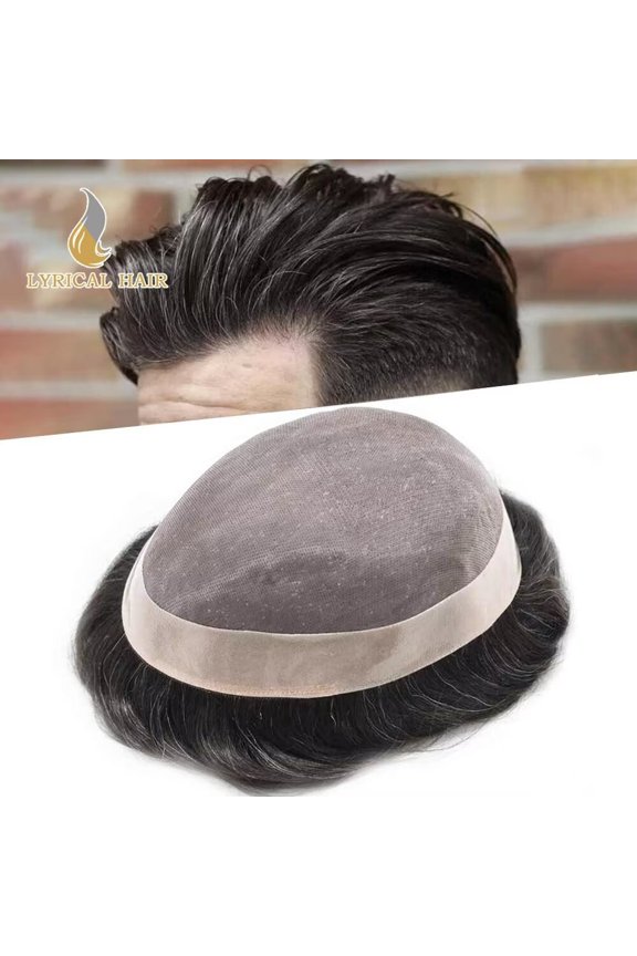 Lyricalhair Toupee for Men Fine Mono Mens Toupee Hairpieces Human Hair Replacement Systems Poly Coating around Man Hair Units 8"X10" #210 2# DARKEST BROWN WITH 10% SYNTHETIC GREY