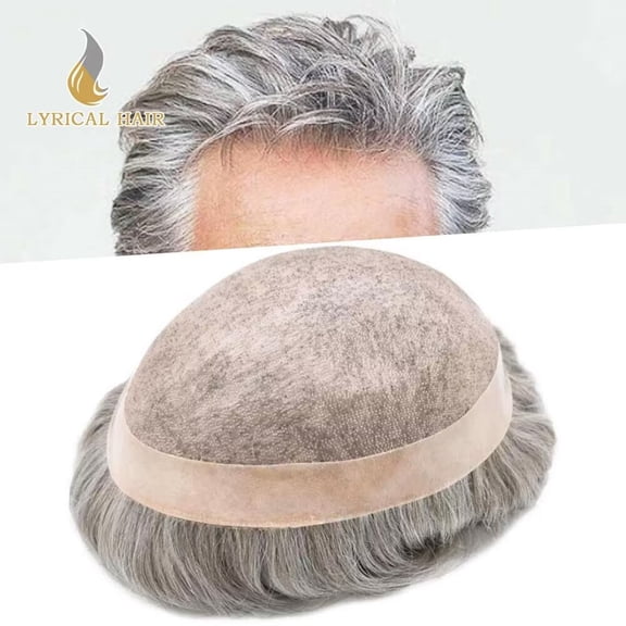 Lyricalhair Toupee for Men Fine Mono Mens Toupee Hairpieces Human Hair Replacement Systems Poly Coating around Man Hair Units 8"X10" #380 3# DARK BROWN WITH 80% SYNTHETIC GREY