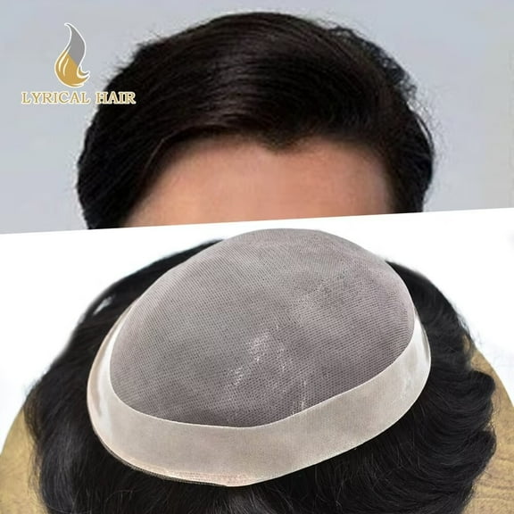 Lyricalhair Toupee for Men Fine Mono Mens Toupee Hairpieces Human Hair Replacement Systems Poly Coating around Man Hair Units 8"X11" #1B10 1B# OFF BLACK WITH 10% SYNTHETIC GREY