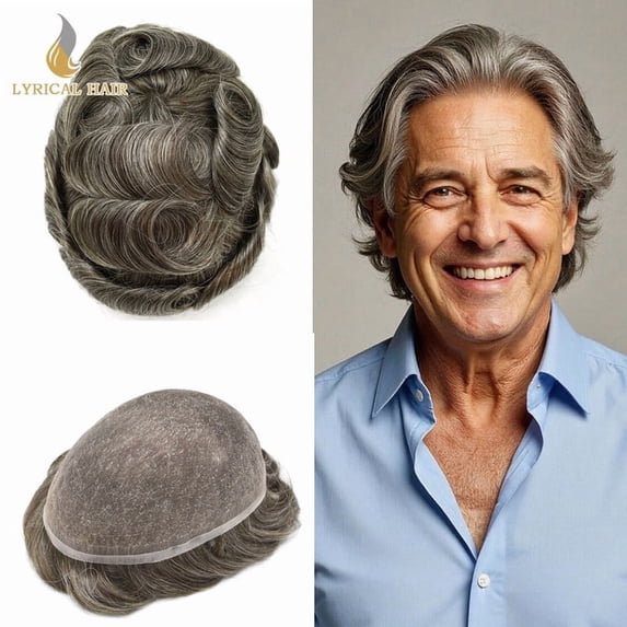 Lyricalhair Toupee for Men Full Lace Hairpieces Human Hair Replacement System 8"X10" Transparent Lace Mens Toupee Human Hair Units for Man Bleached Knots Male Hair Prosthesis