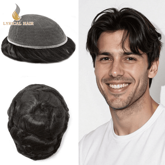 Lyricalhair Toupee for Men Full Lace Hairpieces Human Hair Replacement System 8"X10" Transparent Lace Mens Toupee Human Hair Units for Man Bleached Knots Male Hair Prosthesis