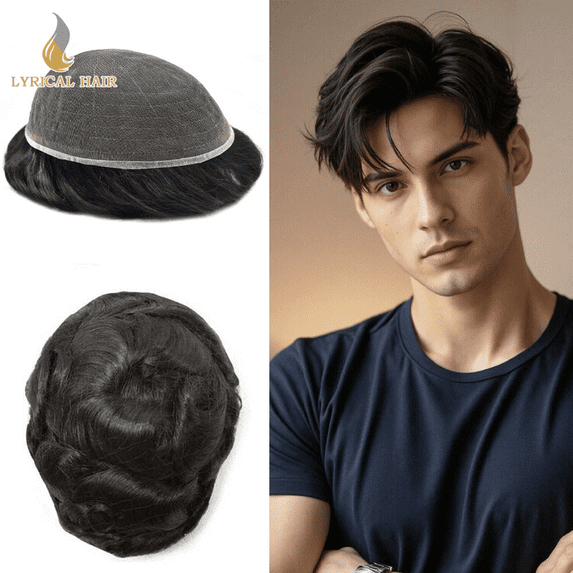 Lyricalhair Toupee for Men Full Lace Hairpieces Human Hair Replacement System 8"X10" Transparent Lace Mens Toupee Human Hair Units for Man Bleached Knots Male Hair Prosthesis