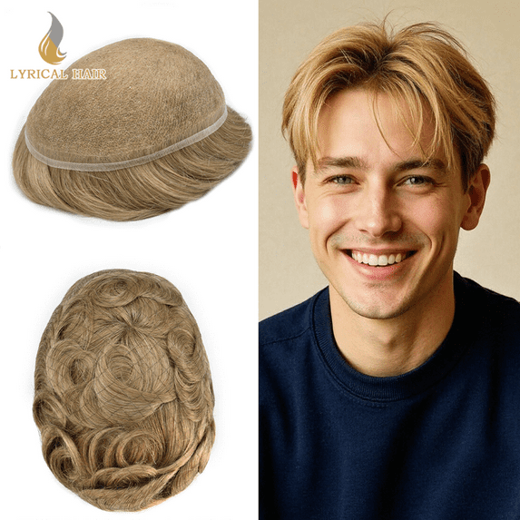 Lyricalhair Toupee for Men Full Lace Hairpieces Human Hair Replacement System 8"X10" Transparent Lace Mens Toupee Human Hair Units for Man Bleached Knots Male Hair Prosthesis