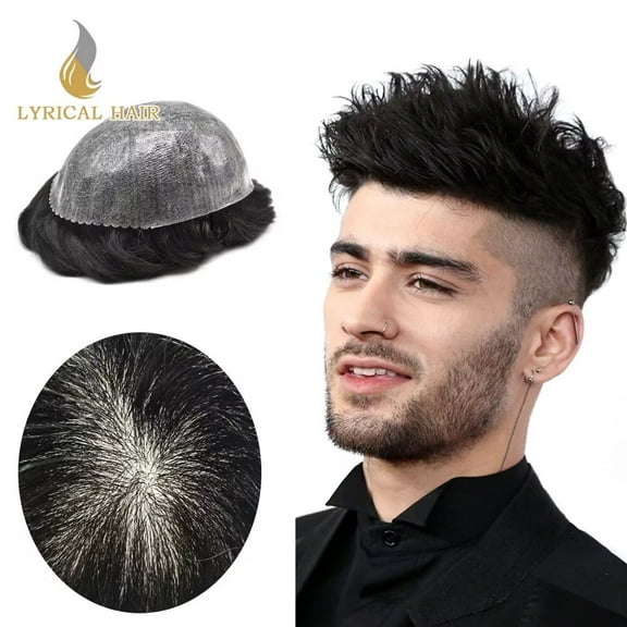 Lyricalhair Toupee for Men Durable Full PU Mens Toupee Human Hair Replacement System Black Brown Blonde Gray Hairpiece #1B Off Black