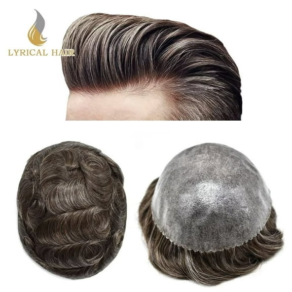 Lyricalhair Toupee for Men Durable Full PU Mens Toupee Human Hair Replacement System Black Brown Blonde Gray Hairpiece #350 Dark Brown with 50% Gray