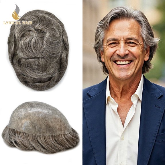 Lyricalhair Toupee for Men Durable Full PU Mens Toupee Human Hair Replacement System Black Brown Blonde Gray Hairpiece #360 Dark Brown with 60% Gray