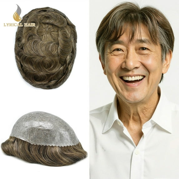 Lyricalhair Toupee for Men Durable Full PU Mens Toupee Human Hair Replacement System Black Brown Blonde Gray Hairpiece #610 Light Brown with 10% Gray