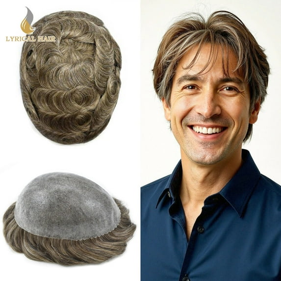 Lyricalhair Toupee for Men Durable Full PU Mens Toupee Human Hair Replacement System Black Brown Blonde Gray Hairpiece #630 Light Brown with 30% Gray