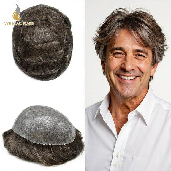 Lyricalhair Toupee for Men Durable Full PU Mens Toupee Human Hair Replacement System Black Brown Blonde Gray Hairpiece