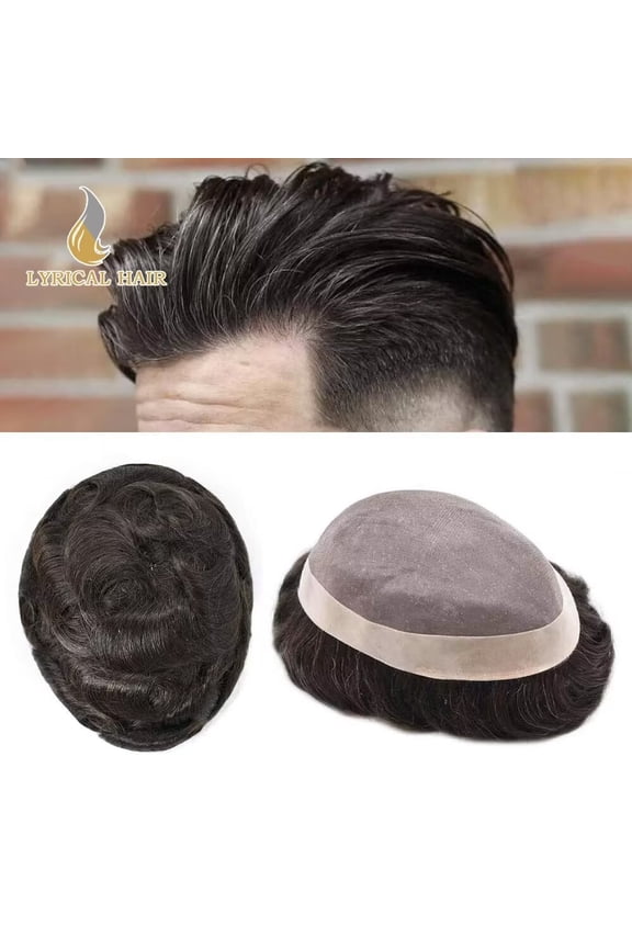 Lyricalhair Toupee for Men Fine Mono Mens Toupee Hairpieces Human Hair Replacement Systems Poly Coating around Man Hair Units 7"X9" 2# DARKEST BROWN