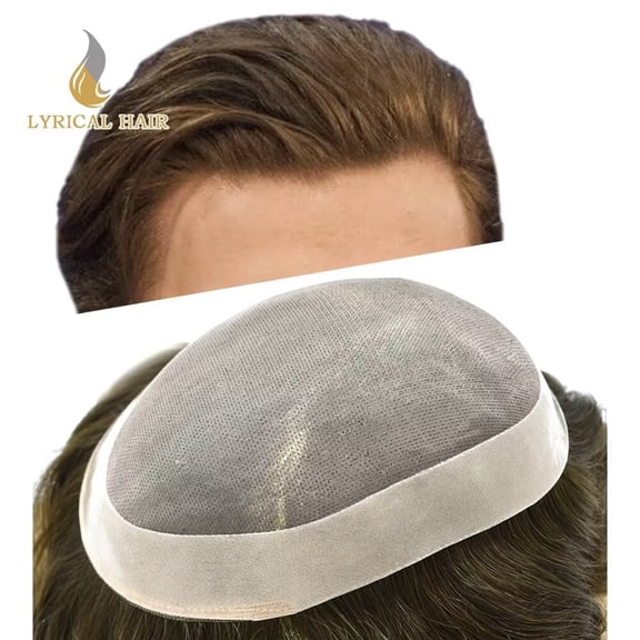 Lyricalhair Toupee for Men Fine Mono Mens Toupee Hairpieces Human Hair Replacement Systems Poly Coating around Man Hair Units 7"X9" 6# LIGHT BROWN