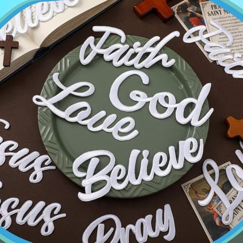 Lyrow 12 Pcs Christian Iron on Patches for Hat 4-6 Inch Embroidered Christian Patches Bulk Easter Motivational Religious Sew On Applique for Clothes Backpack DIY Accessories(White)