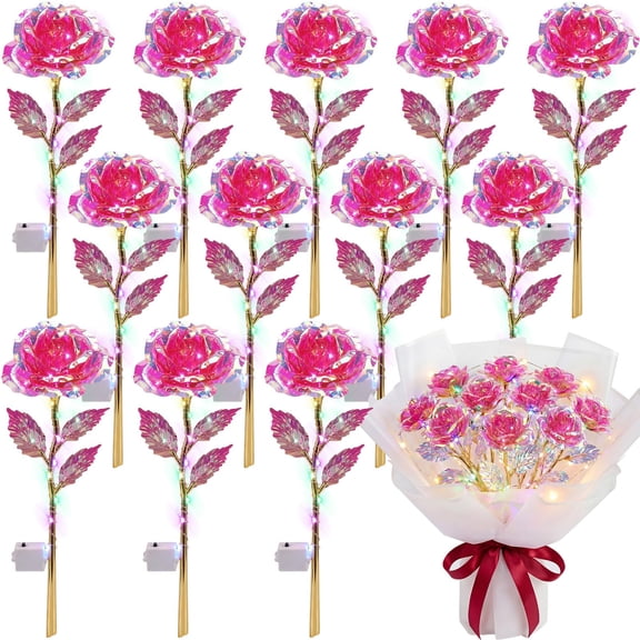 Lyrow 12 Pcs Galaxy Rose LED Light up Rose Flower Gifts Crystal Artificial Rainbow Flower for Mom Her Lover Girlfriend Mother's Day Wedding Birthday Gift, 9.84 Inches (Pink) A101