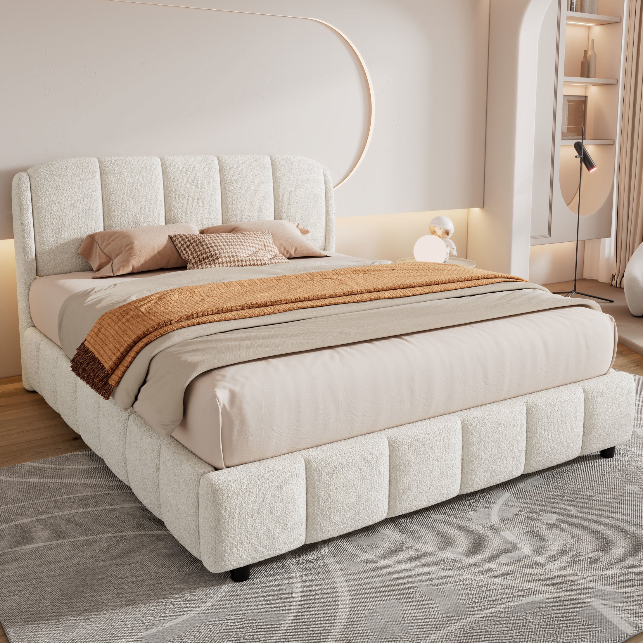 Christopher Knight Home Lysandra Queen Boucle Upholstered Platform Bed with Wood Headboard, Beige