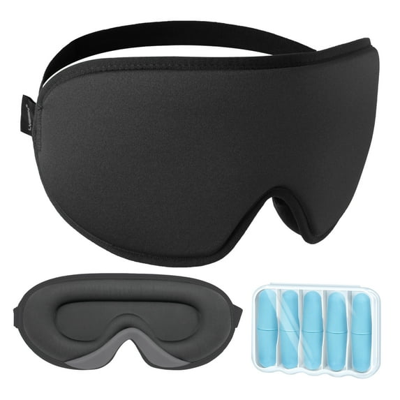 LYSIAN Soft 3D Cooling Blackout Sleep Eye Mask with 5 Pairs Foam Earplugs, Black