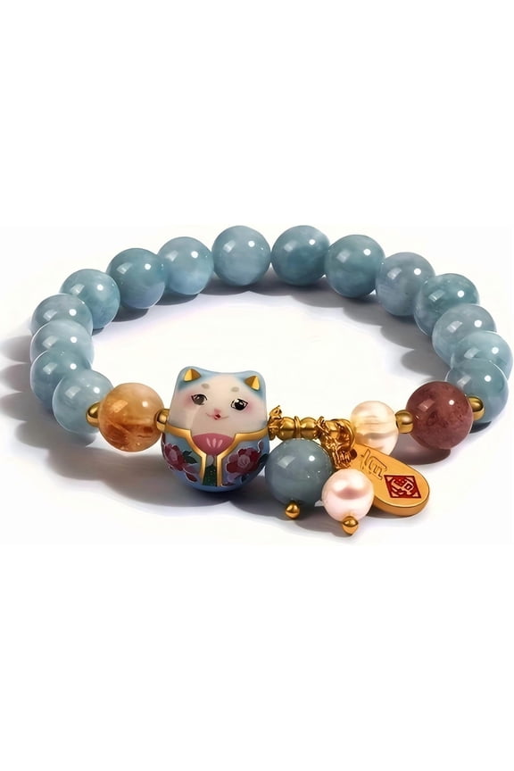 Lucky Cat Bracelet with Blue Crystal, Ceramic Cat Pendant, Feng Shui Good Luck Jewelry for Women, Wealth & Protection Bracelet