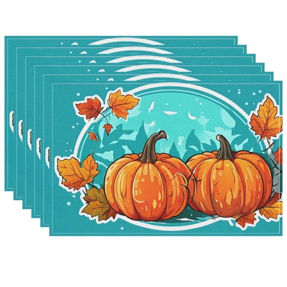 Autumn Placemat for Dining Table Decoration - Bright Colors Durable Placemats - Pack Of 6 17.7x13 Inch - Autumn Leaves Circle Sticker Pumpkins Fade-Resistant Placemat
