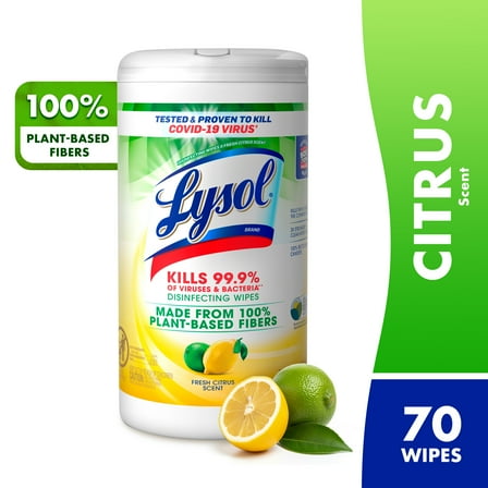 Lysol® Disinfectant Wipes, Plant Based Multi-Surface Cleaning Wipes, Fresh Citrus, 70 count