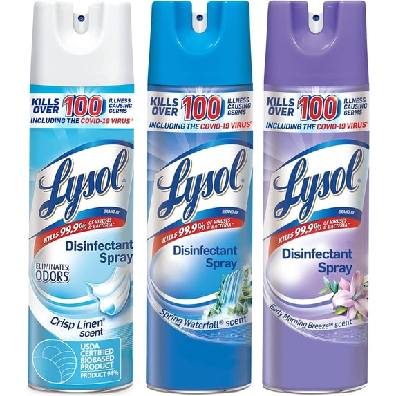 Lysol Disinfectant Spray Multi Scent Bundle - Crisp Linen, Early Morning Breeze, and Spring Waterfall Scents, 19 Ounces Pack of 3