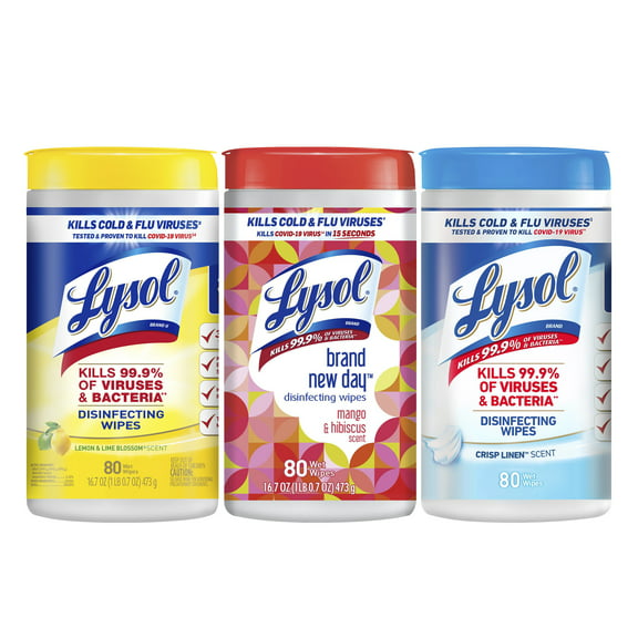 Lysol Disinfectant Wipes Bundle, Multi-Surface Antibacterial Cleaning Wipes, For Disinfecting & Cleaning, contains x1 Lemon & Lime Blossom (80ct) x1 Crisp Linen (80ct) & x1 Mango & Hibiscus (80ct)