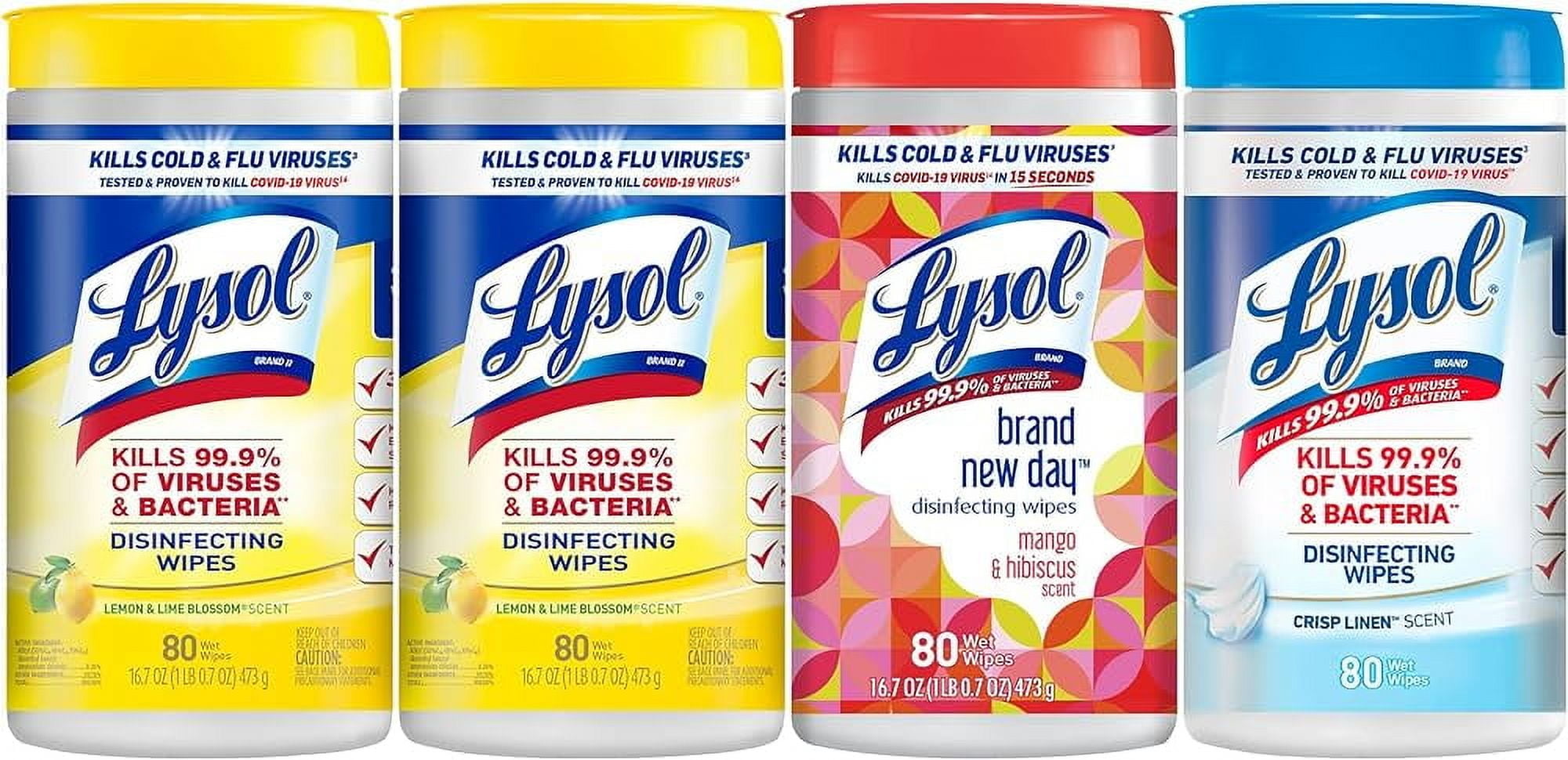 Lysol Disinfectant Wipes Bundle, Multi-Surface Antibacterial Cleaning Wipes, contains x2 Lemon & Lim Blossom, Crisp Linen, Mango & Hibiscus, 80 Count (Pack of 4)