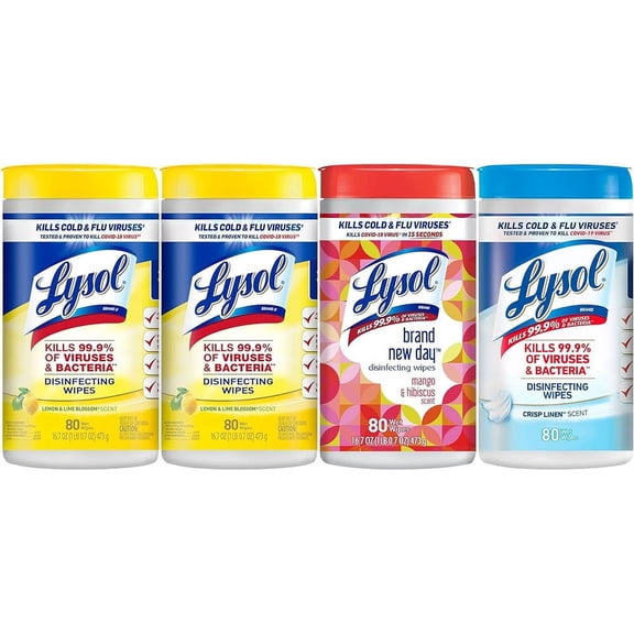 Lysol Disinfectant Wipes Bundle, Multi-Surface Antibacterial Cleaning Wipes, contains x2 Lemon & Lim Blossom, Crisp Linen, Mango & Hibiscus, 80 Count (Pack of 4)