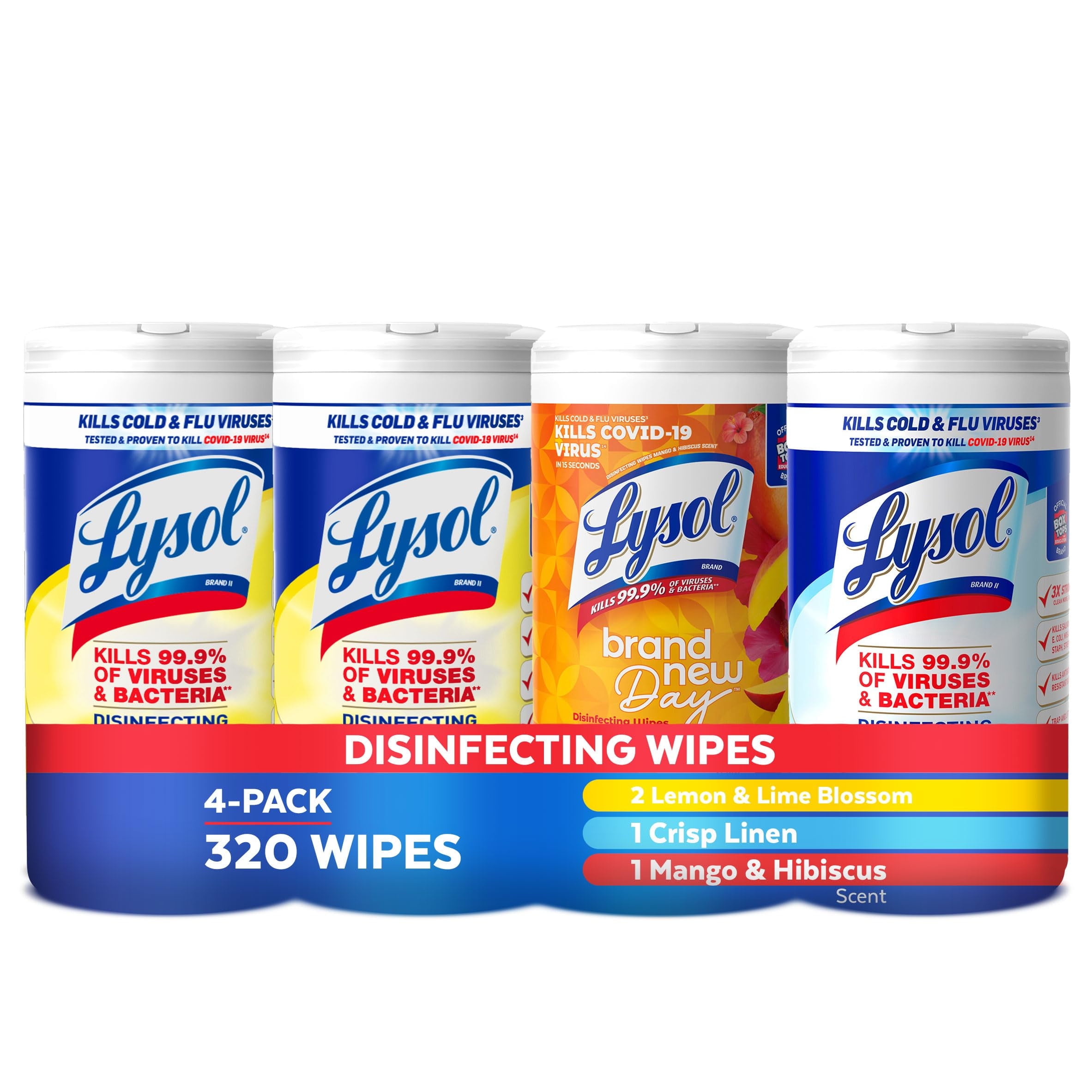 Lysol Disinfectant Wipes Bundle, Multi-Surface Antibacterial Cleaning Wipes, contains x2 Lemon & Lim Blossom, Crisp Linen, Mango & Hibiscus, Pack of 4 C31