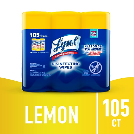 Lysol Disinfectant Wipes, Multi-Surface Antibacterial Cleaning Wipes, For Disinfecting and Cleaning, Lemon and Lime Blossom, 105 Count (Pack of 3)