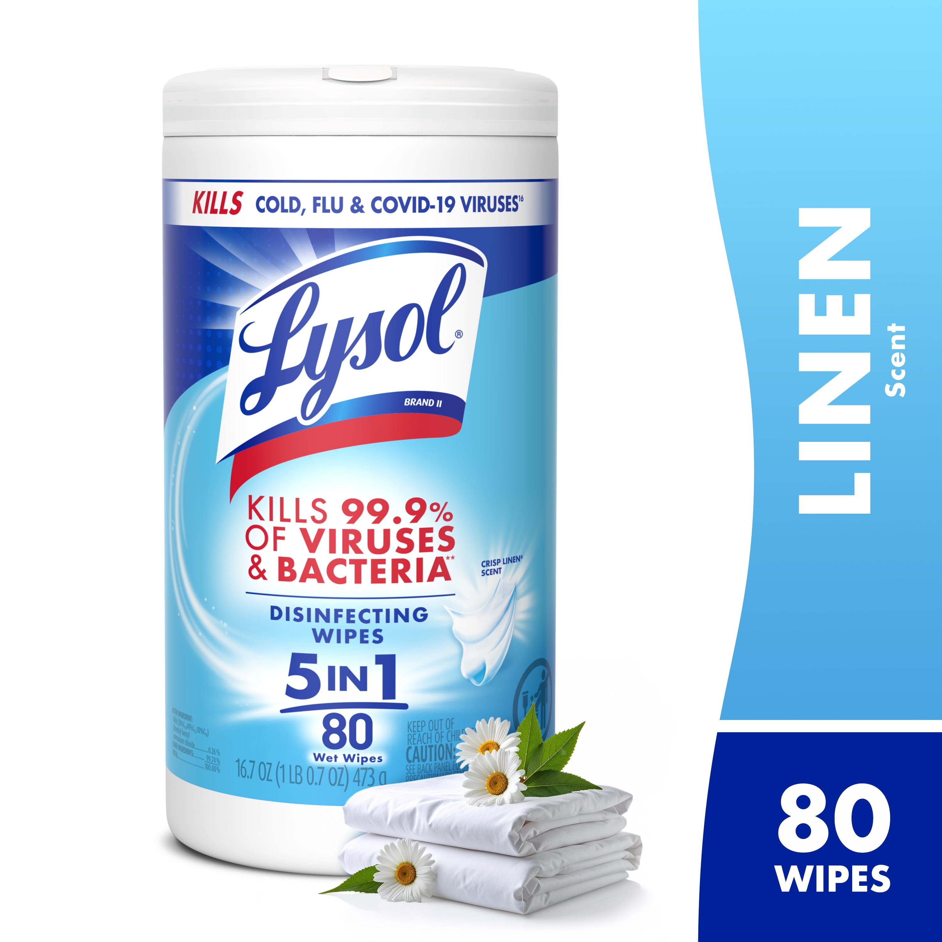 Lysol Disinfecting White Wipes, Crisp Linen Scent, Household Cleaning Cloths, 80 Count