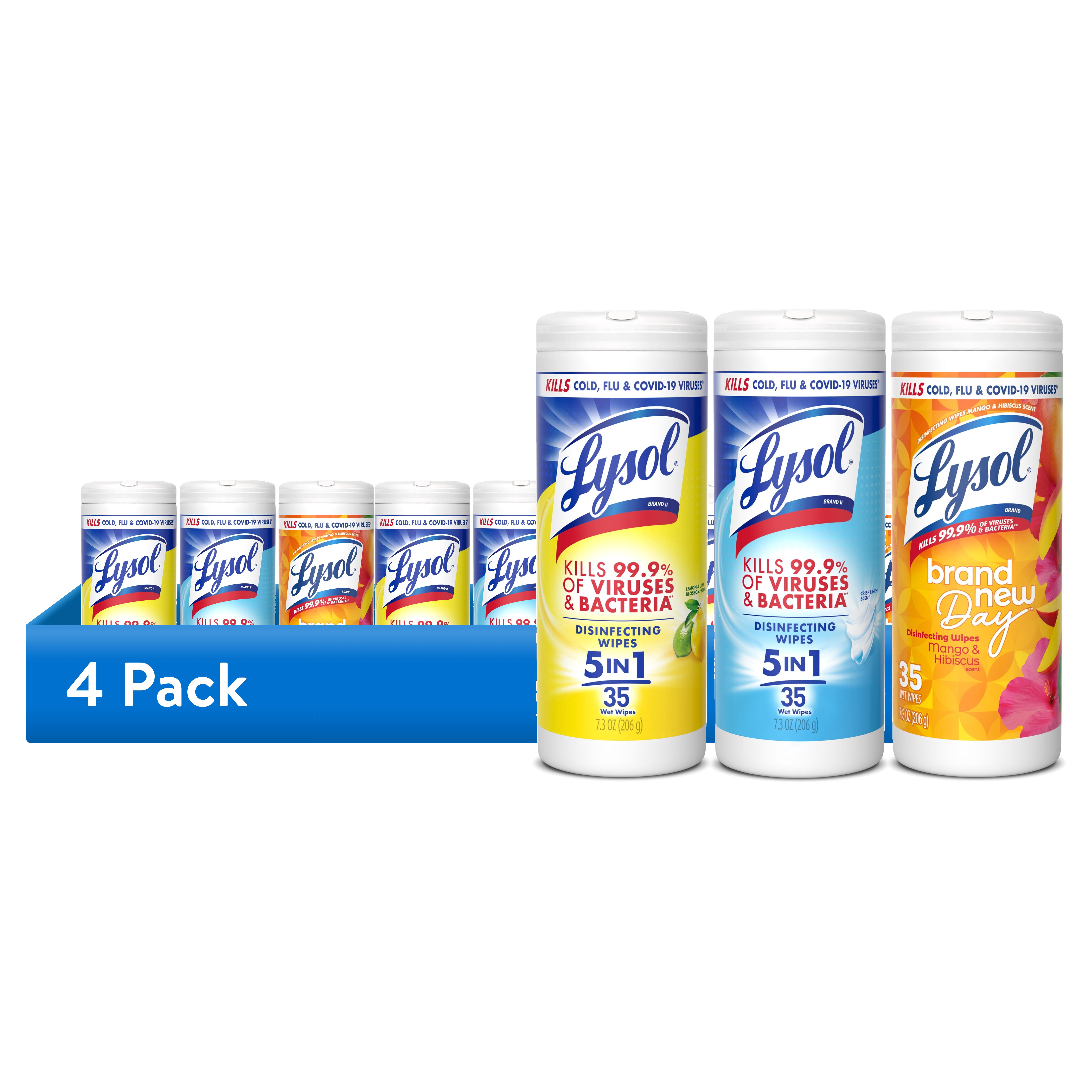 (4 pack) Lysol Disinfecting Wipes, All Purpose Cleaner, Multi Surface Antibacterial Cleaning Wipes, Cleaning Supplies, Lemon + Mango & Hibiscus + Crisp Linen Scent, 35 Count Each (Pack of 3)