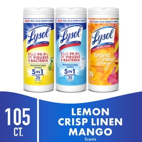 Lysol Disinfecting Wipes, All Purpose Cleaner, Multi Surface Antibacterial Cleaning Wipes, Cleaning Supplies, Lemon + Mango & Hibiscus + Crisp Linen Scent, 35 Count Each (Pack of 3)