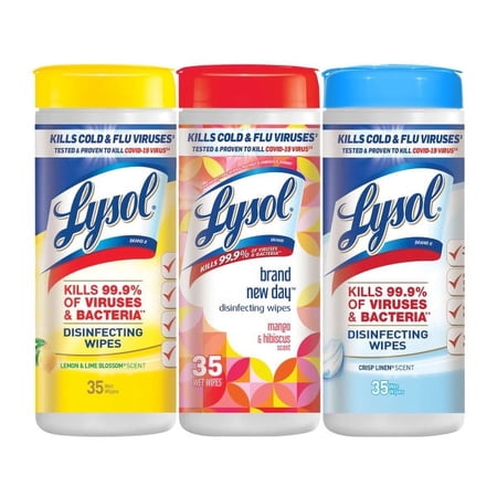 Lysol® Disinfecting Wipes 3x35 - 1 Lemon ,1 Brand New Day Mango & Hibiscus,1 Crisp Linen - 4 Packs (12 Count Total)