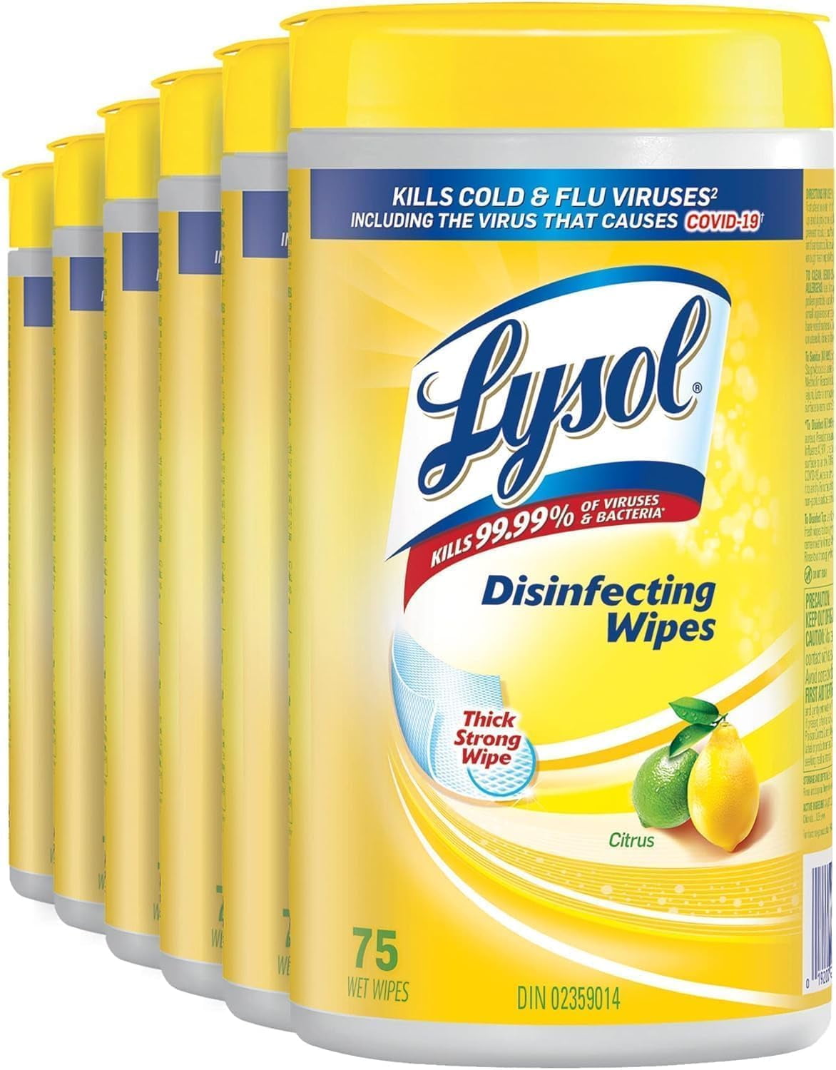 Lysol Disinfecting Wipes, Citrus, Thick Strong Wipe, Kills 99.99% of Viruses \u0026 Bacteria, Bulk Pack of 6, 450 Count (6 x 75 count)